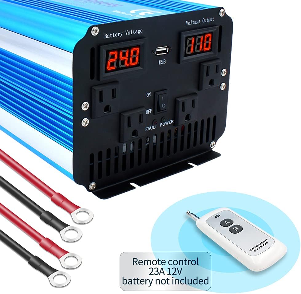 Pure Sine Wave Inverter 4000W Power Inverter 24V to 110V DC to AC with LED Display Remote Controller for Truck RV Home Solar System