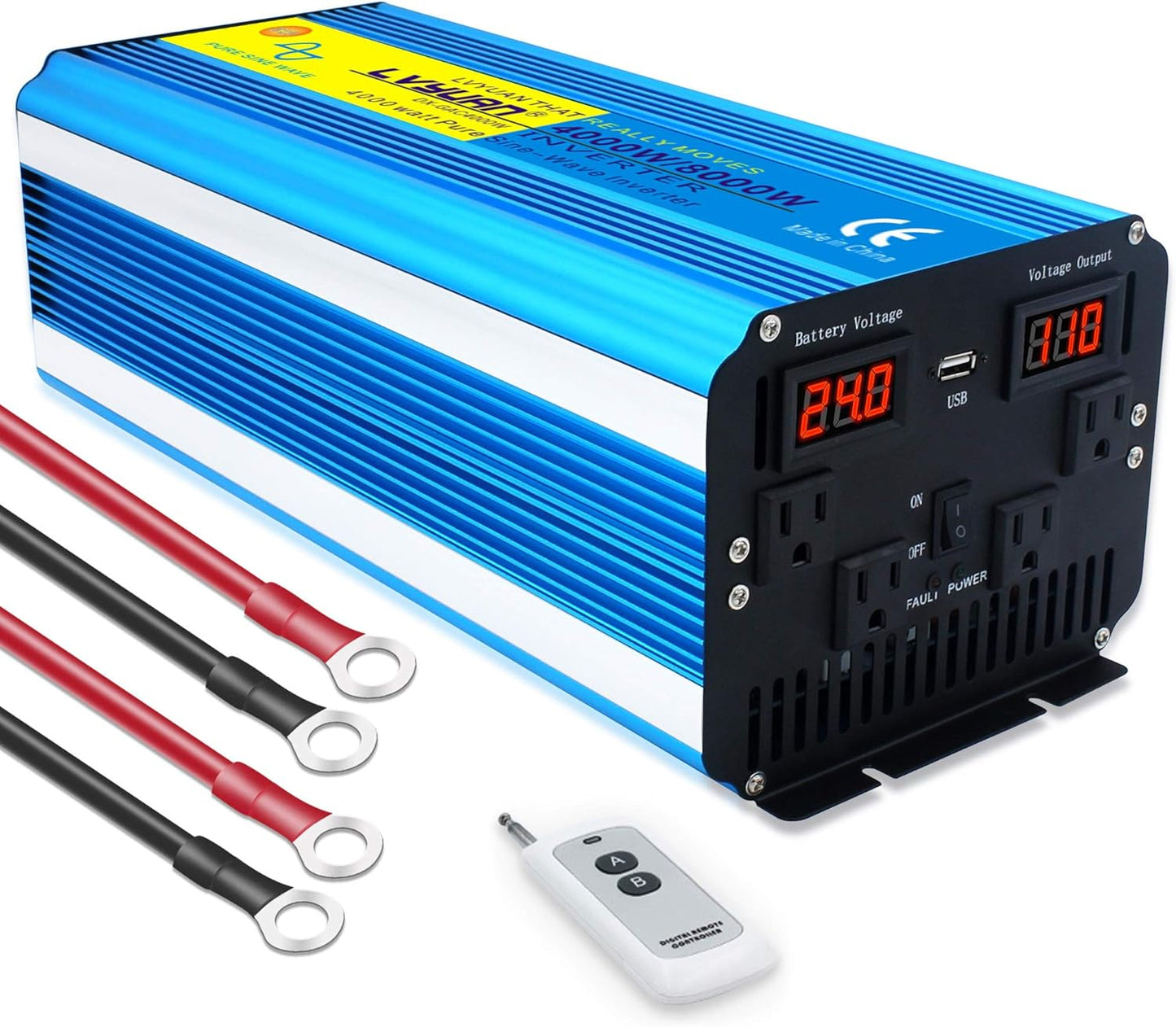 Pure Sine Wave Inverter 4000W Power Inverter 24V to 110V DC to AC with LED Display Remote Controller for Truck RV Home Solar System