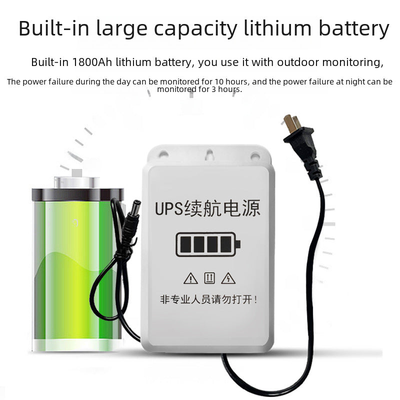 Monitor battery life, power supply, UPS, uninterruptible power supply, power failure, backup battery, emergency 12V power adapter camera