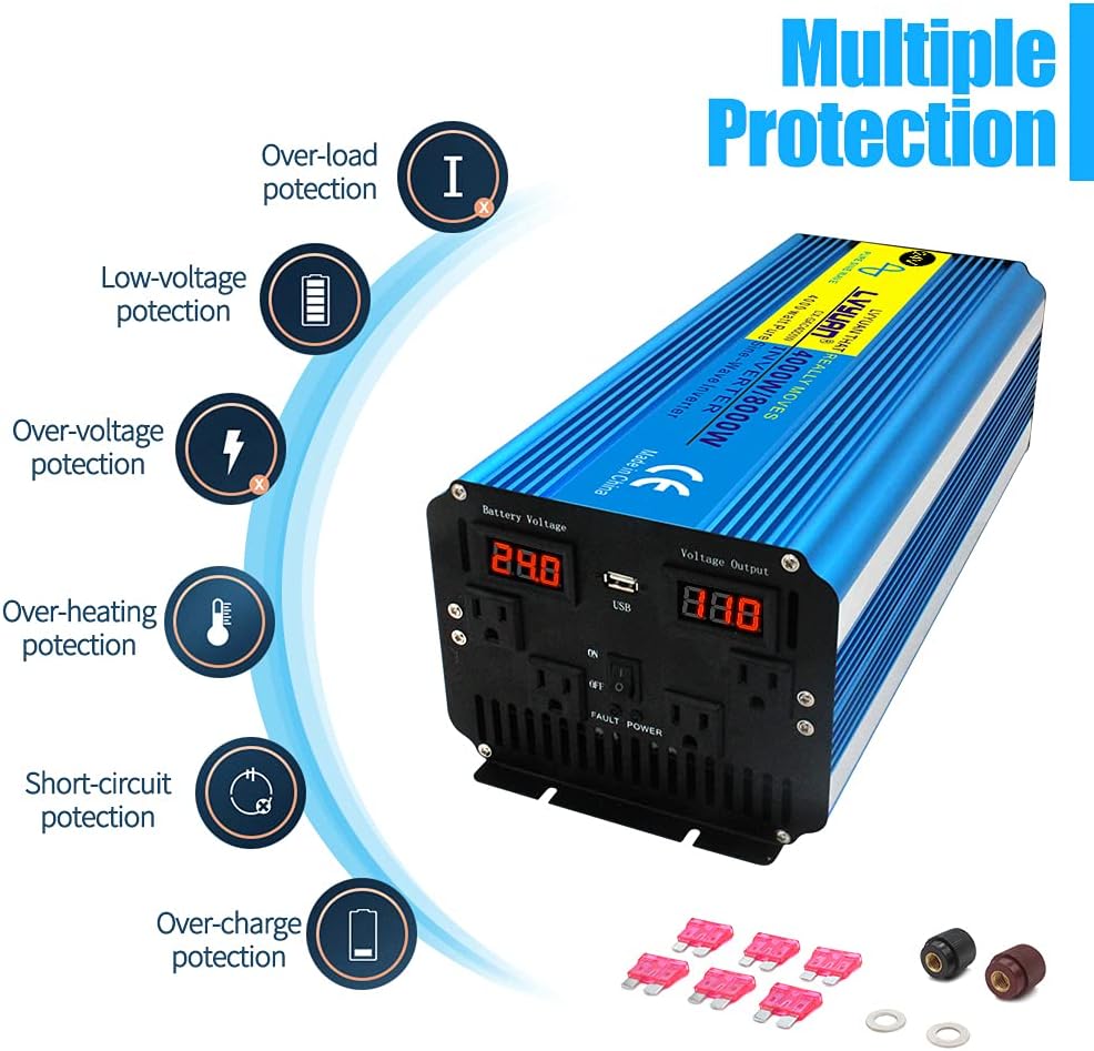 Pure Sine Wave Inverter 4000W Power Inverter 24V to 110V DC to AC with LED Display Remote Controller for Truck RV Home Solar System